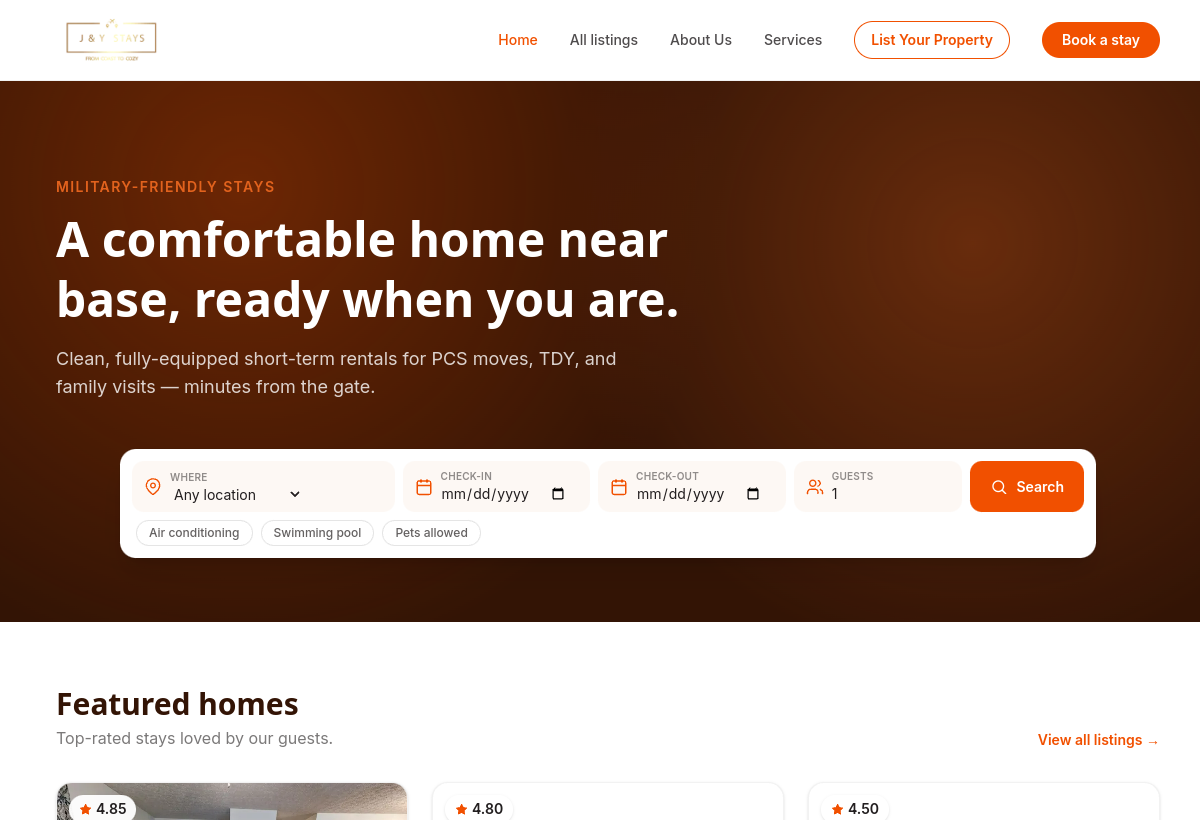 Screenshot of the JY Stays website